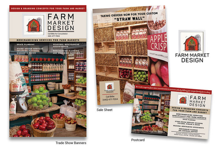 Postcard, trade show banner, and sales sheets for a farm market display consultant.