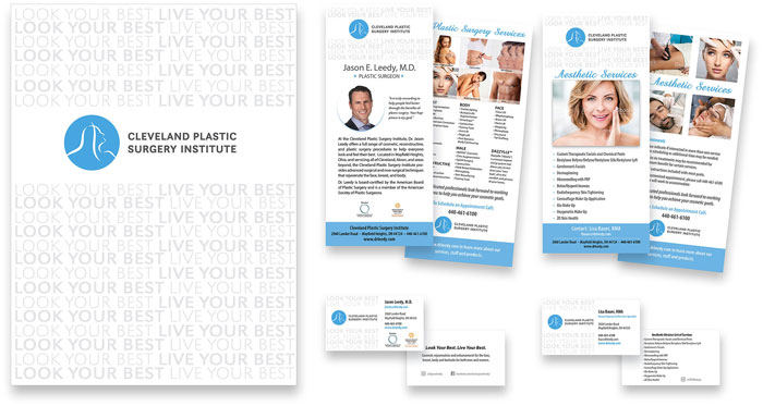 Graphic design of a pocket folder, business cards, and rack cards for a doctor's office.