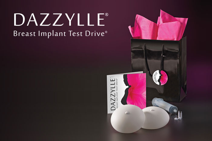 Glossy paper bag package for Dazzylle breast implant sizing system.