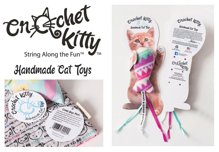 Retail package for Crochet Kitty handmade cat toys.